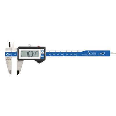 Digital calliper shows a measurement of 16.34 mm. Device in blue with silver measuring arms and "Helios-Measuring Instruments" lettering.