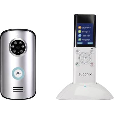 'Video door entry system with monitor and doorbell button. The monitor displays symbols: volume, brightness, button tone, ringtone.'