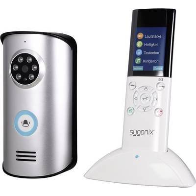 A silver intercom with a camera on the left and a white, remote control-like monitor with a screen on the right, brand 'sygonix'.