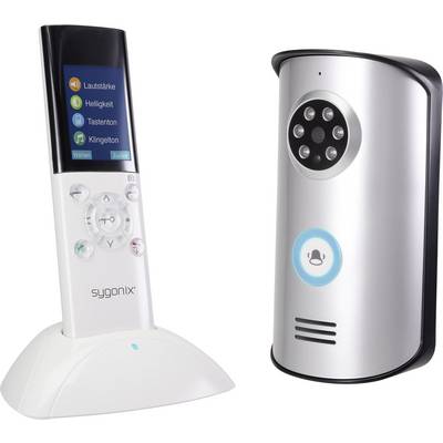 A video doorbell set with two components: on the left, a white reception unit with a display and buttons, on the right, a silver doorbell unit with a camera.