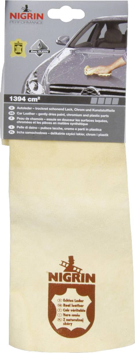 NIGRIN Cleaning Cloth for Cars, Ideal for Drying and Polishing. Packaging featuring an illustration of a car and the cloth in use.