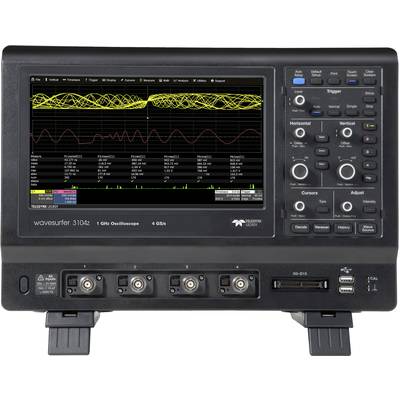 Oscilloscope with a display showing waveforms and a measurement value diagram. Numerous buttons for adjusting different parameters.