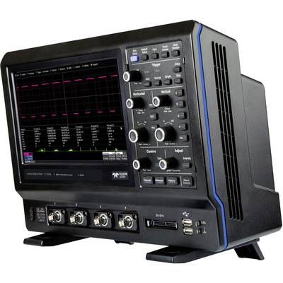 An oscilloscope with an illuminated display shows a signal diagram. Several control buttons are visible to the right of the screen.