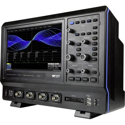 An oscilloscope displays waveforms on a screen with various knobs and buttons for adjusting settings.