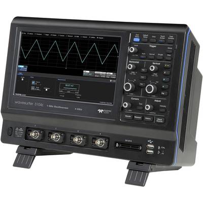 Oscilloscope with a display showing a waveform and several control buttons. The device measures electrical signals.