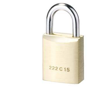 A brass padlock with the number '222 C 15' embossed on the front. The lock symbolises safety and protection.