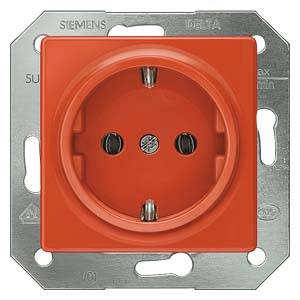 A red wall socket by Siemens, mounted on a metal plate. Suitable for use in buildings for electrical power supply.