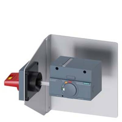Electrical switch mounted on a metal plate, with a red emergency stop switch and a grey-black control panel to the right.