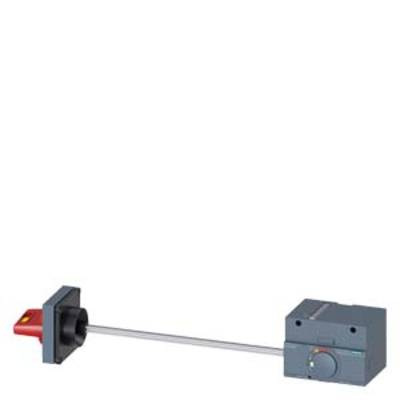 A switch with a rotary handle and large red lever, connected to a grey box via a rod. Used in electronic control systems.