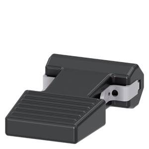 A black, rectangular foot switch with a ribbed tread surface and side mounting, suitable for machine control.