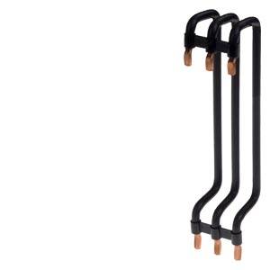 Three black double-curved hooks with copper tips, arranged in a row and pointing downwards, on a white background.