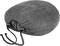 Grey, oval drawstring bag with black drawstrings, possibly made of wool fabric, lies on its side.