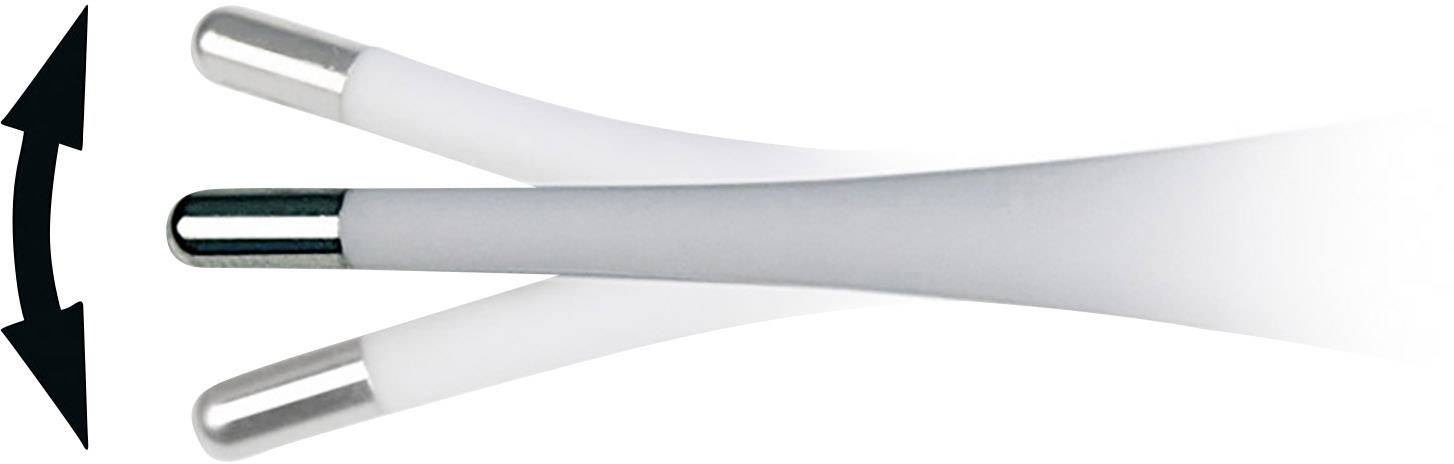 Two flexible rods in a crossed position with an arrow indicating movement. One rod is straight, the other curved.