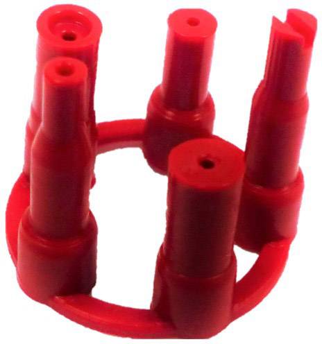 Five red plastic tips placed on a circular ring.