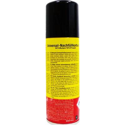 'Universal Refill Cartridge' spray can shows 84% butane, 16% propane. Yellow-red packaging with safety warnings and instructions.