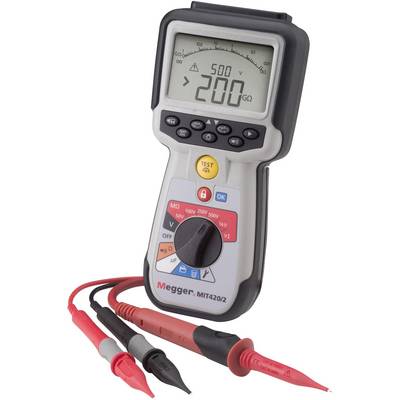 Digital insulation measuring device with display and test probes; displays a measured value of 200 megaohms at a test voltage of 500 V.