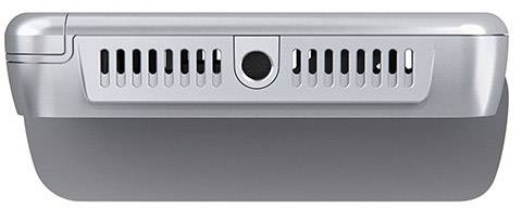 Silver, rectangular electronic device with ventilation grille and circular element in the centre, side view.