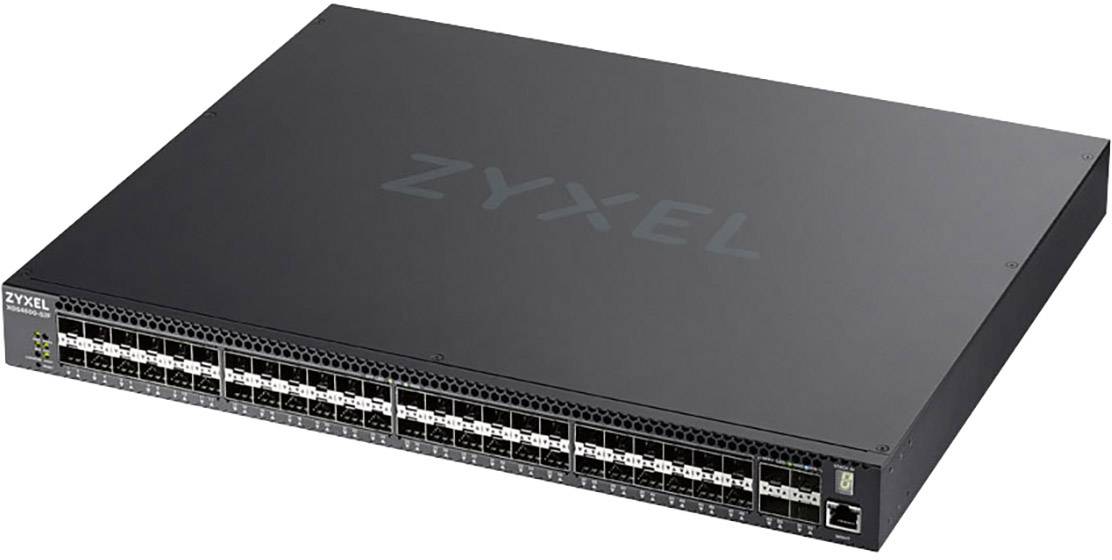 A black network switch by Zyxel with 48 Ethernet ports, viewed from the front.