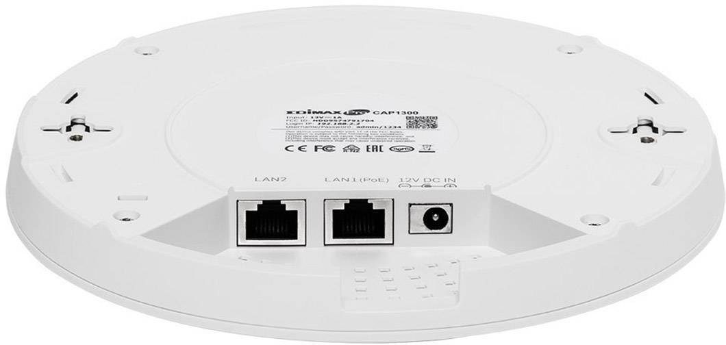 A round Wi-Fi access point with two LAN ports and a power connection on the underside, mountable on ceilings or walls.