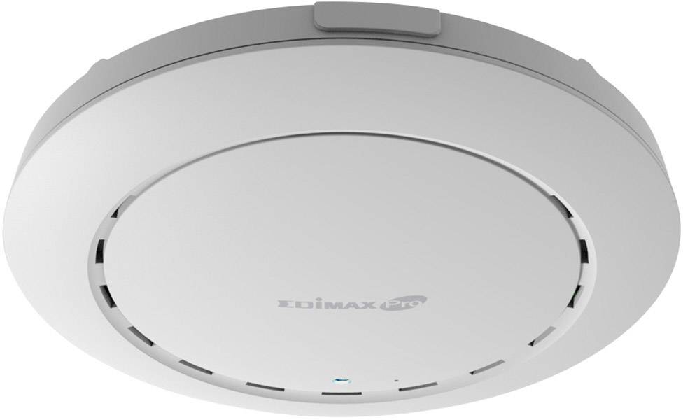 A white, round Edimax Pro WLAN access point mounted on the ceiling, with a small blue light in the centre.