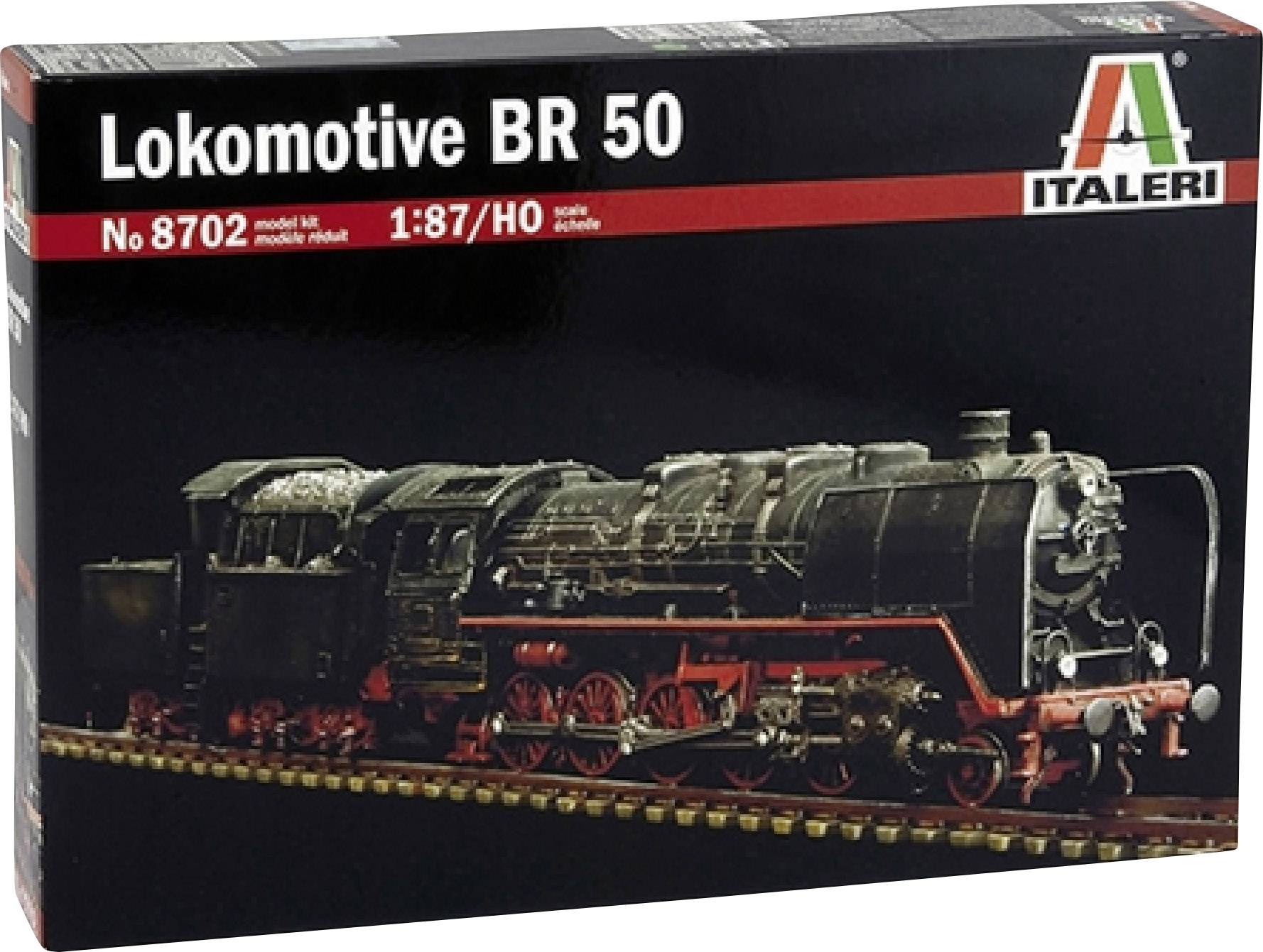 A model kit packaging shows a BR 50 locomotive in 1:87 (H0) scale by the brand Italeri.