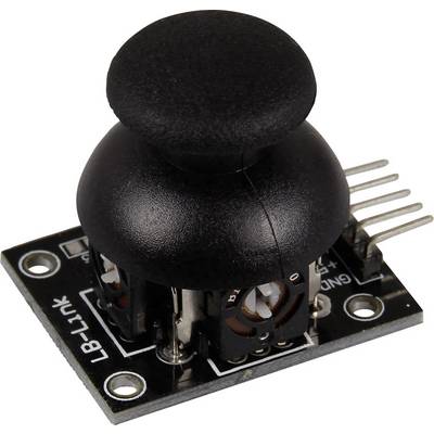 Black joystick module with a circular head and multi-pole connector, suitable for electronic projects and controls.