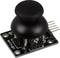 Black joystick module with a circular head and multi-pole connector, suitable for electronic projects and controls.