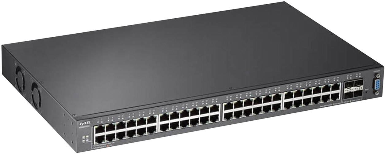 A network switch with 48 Ethernet ports and LEDs for connection monitoring. Black metal enclosure, suitable for rack mounting in IT infrastructures.