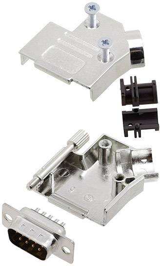 Open metal enclosure for D-Sub connector, mounting screws, shows enclosure from inside and outside with connector.