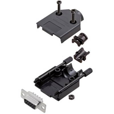 Black D-sub connector housing with screws and terminals, dismantled into individual components. Metal connector with 9 female pins visible.