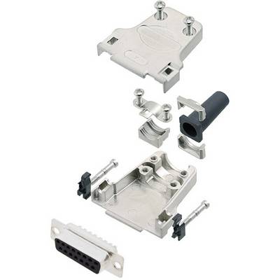 A silver, multi-part D-sub connector housing with screws and cable gland, shown in individual components.
