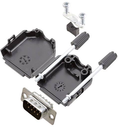 Components of a D-Sub housing: two halves, screws and a connector strip, ready for assembly.