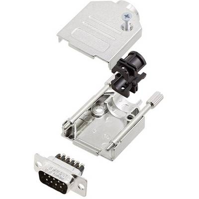 A disassembled D-sub connector shell with screws and contact pin, showing the construction and components of the housing for electrical connections.