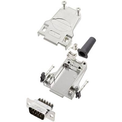 Metallic D-Sub housing with an open design, showing upper and lower covers, screws, and connection options.