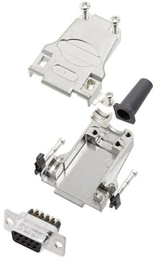 Metal enclosure for D-Sub plug with housing components, screws and cable cover shown in exploded view.
