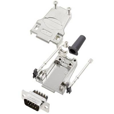 Metal housing kit for D-sub connector, consisting of housing shell, two screws and plastic cap, shows assembly components.