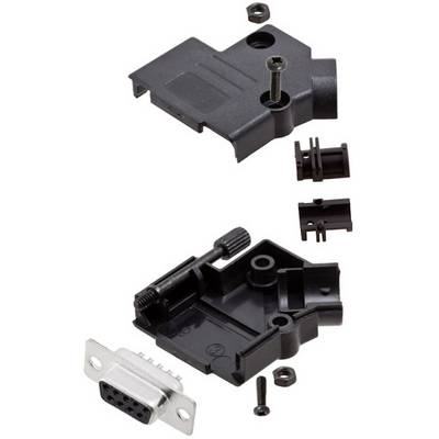 A disassembled, black plastic casing for a 9-pin serial port, with screws and cable clamps visible.