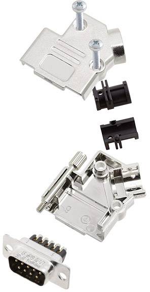 A dismantled D-sub connector, comprising a metal housing, screws, plastic components, and a connector section with pins.