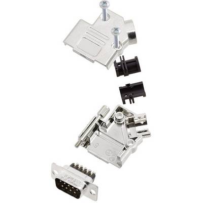 A dismantled D-sub connector, comprising a metal housing, screws, plastic components, and a connector section with pins.