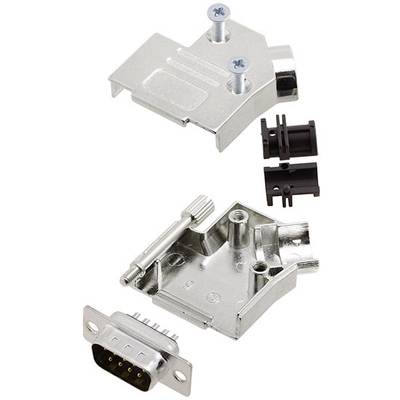 Metal housing for a serial DB9 connector, consisting of two halves, screws and cable clamp.