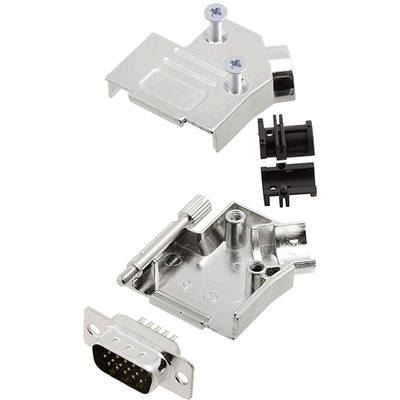 Metal housing for D-sub plug with screws and cable clamps. Top and bottom parts of the housing shown, ready for assembly.