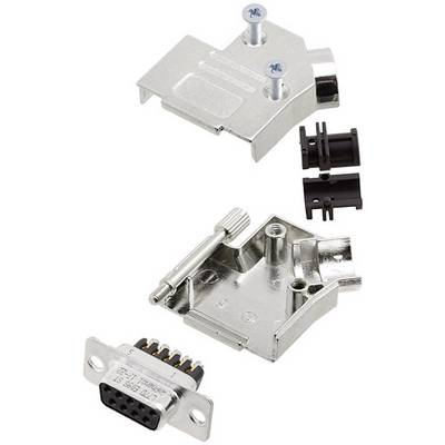 'Metal housing for D-sub connector, disassembled into upper and lower halves with screws and cable clips.'