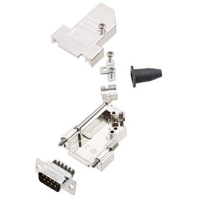 Technical exploded diagram of a D-Sub connector with housing components, screws, and cable entry. Displays the individual parts for assembly.