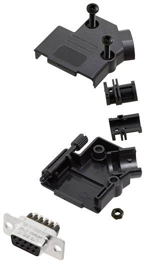 Disassembled black plastic connector plug with screws and metal components, showing the various individual parts of a connector.