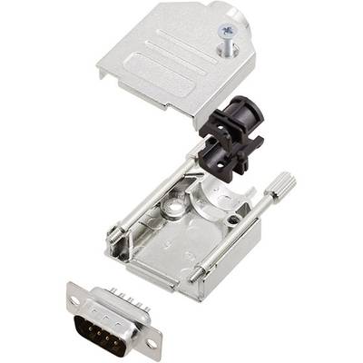 Metal housing kit for D-sub plug, showing housing parts, screws and plastic mounting that assemble the connector.