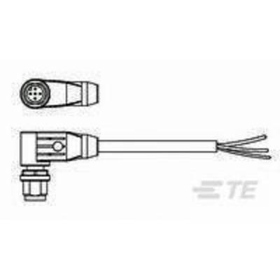 Drawing of an electrical plug with a side view and wire ends. Product by TE.