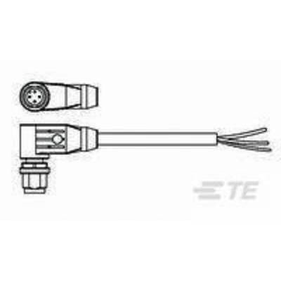 Drawing of an electrical plug with wire cable. Top and side view. Logo: TE.