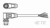 Drawing of a connector with an angled cable end. Wire ends for wiring are visible. Side and top view illustrated.
