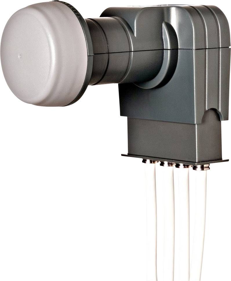 Satellite LNB with four connections for distributing TV signals to multiple receivers. Grey housing, white cover.