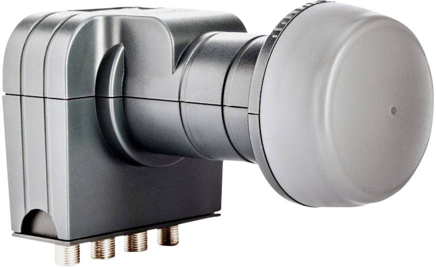 A grey satellite LNB with four connections for signal transmission for satellite television and radio reception.
